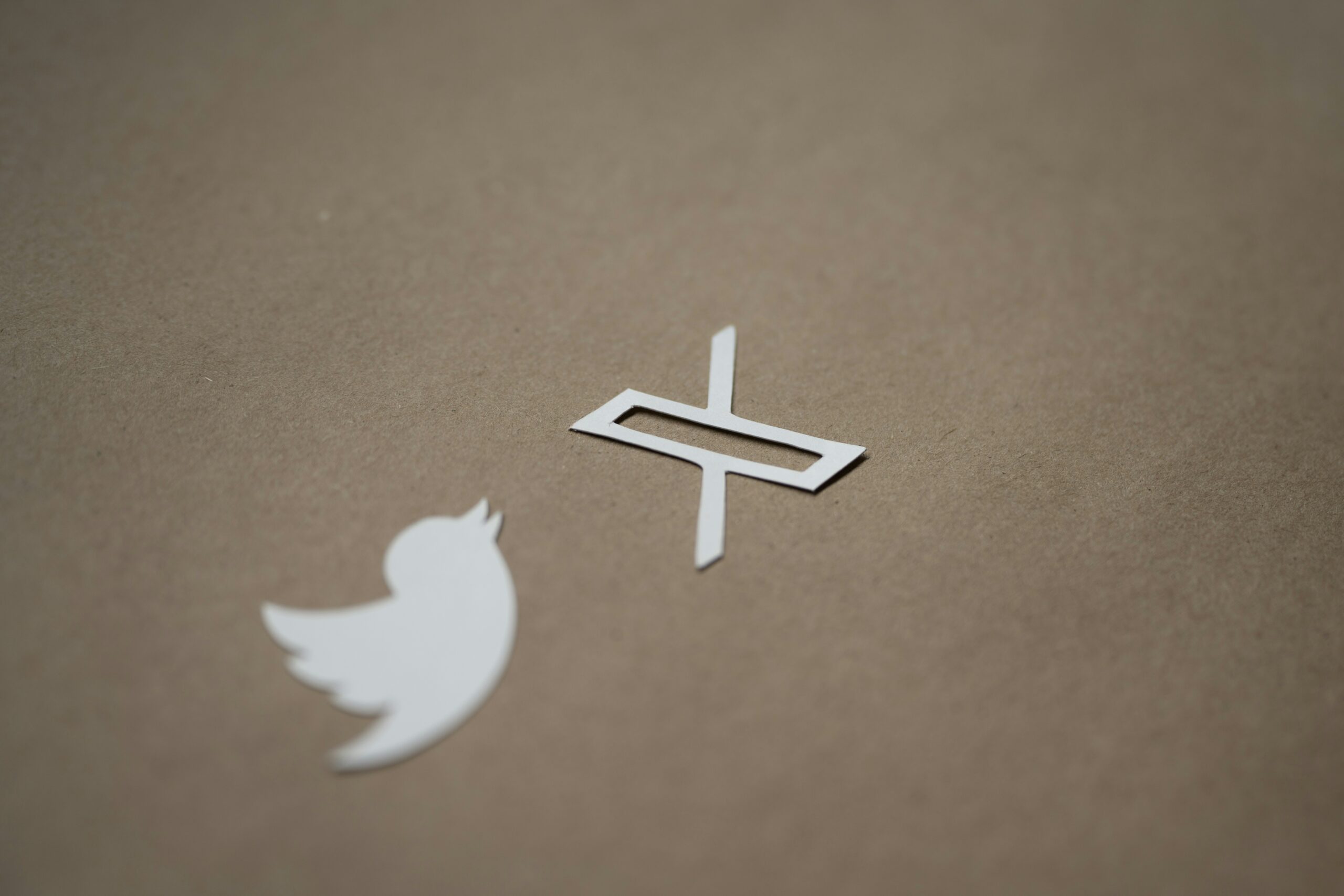 the white logo for ex and the former logo for twitter appear on a brown, wood background